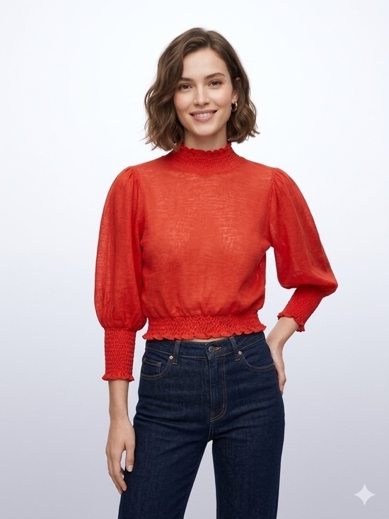 Zara Tops - Zara Red Puff Sleeve Mockneck 3 Quarter Inch Sleeves Cropped Top Size Small